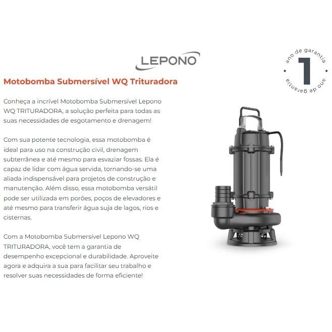 BOMBA SUBMERSIVEL P/ESGOTO WQ12-10-1.1C 1,5CV MONO 220V LEPONO